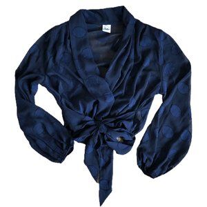 Selfie Leslie Sheer Navy Blue Wrap Shirt Large EUC